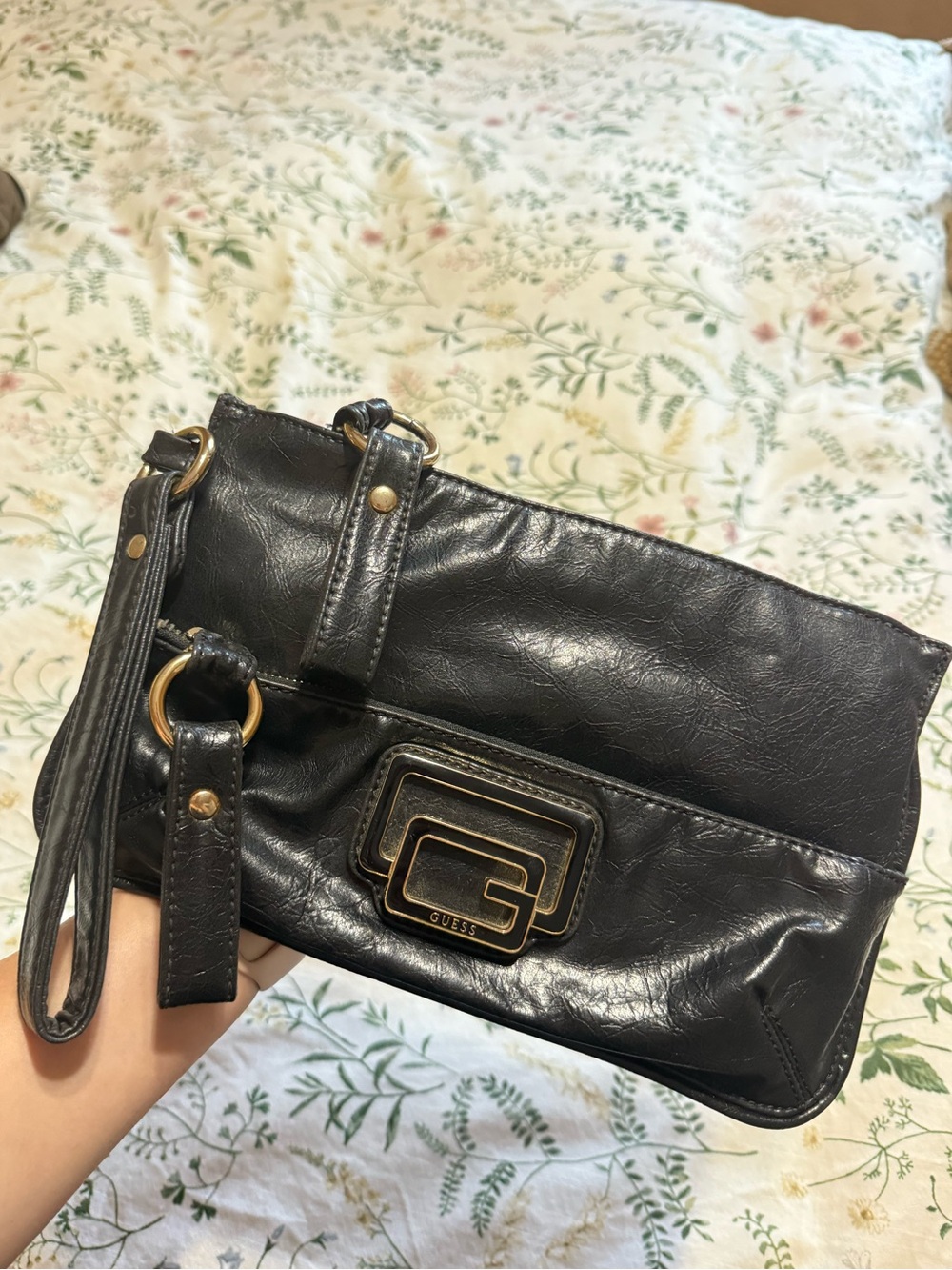 Guess Black Leatherette Wristlet with Gold Logo